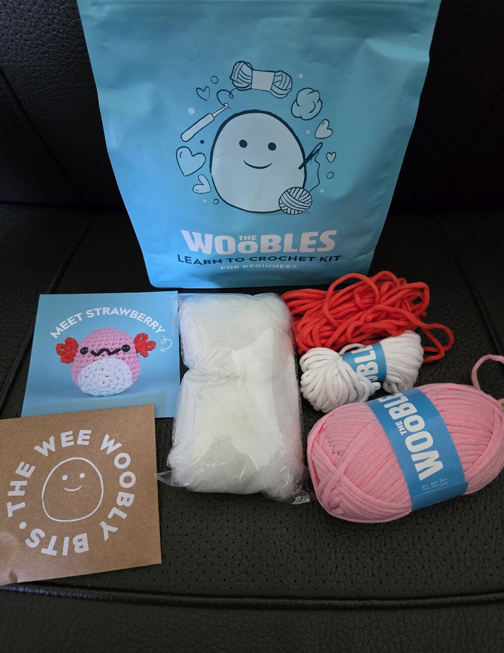 The Woobles Strawberry the Axolotl in blue bag